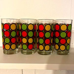 Vintage Set of 8 High Ball Glasses in Black, Red, Mustard, and Green Polka Dots